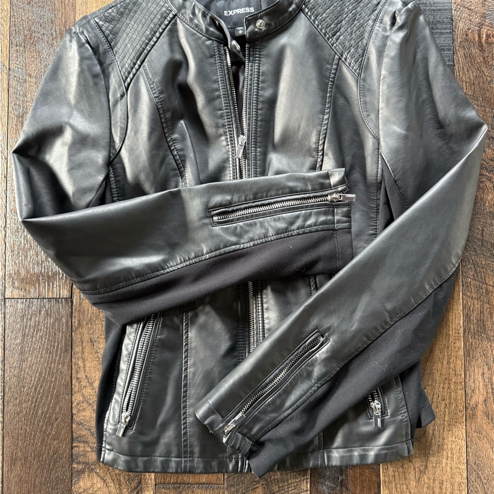 Express Black Leather Motorcycle Jacket with Glossy Finish